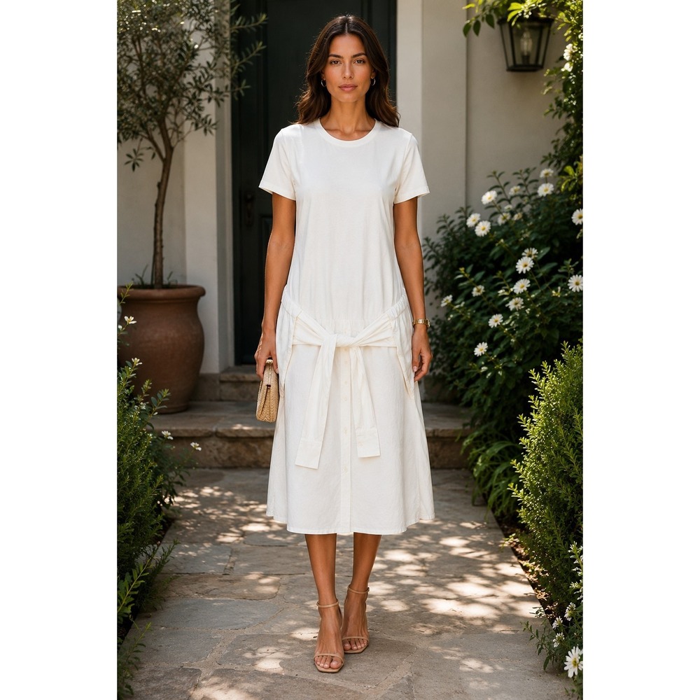 ALC Corey Cotton Tie T-Shirt Dress Drop Waist Midi Sz Large Front Tie Front Chic